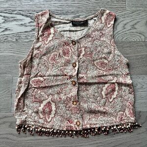Boho Paisley Button-Up Vest with Fringe